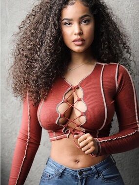 Fashion Nova Lace-Up Ribbed Crop Top - Rust